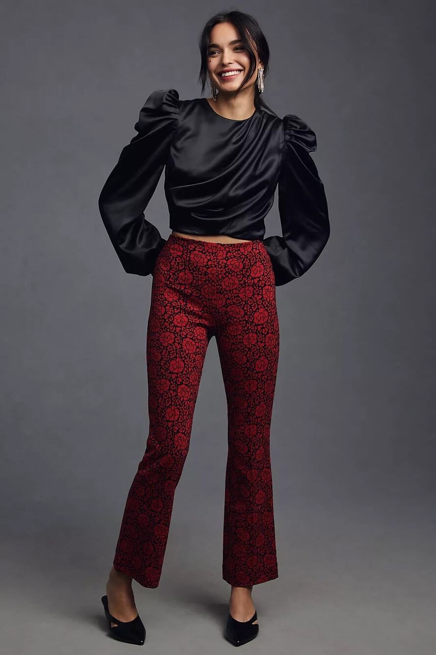 Anthropologie Maeve The Margot Kick-Flare Cropped Pants Red Floral Large Gothic